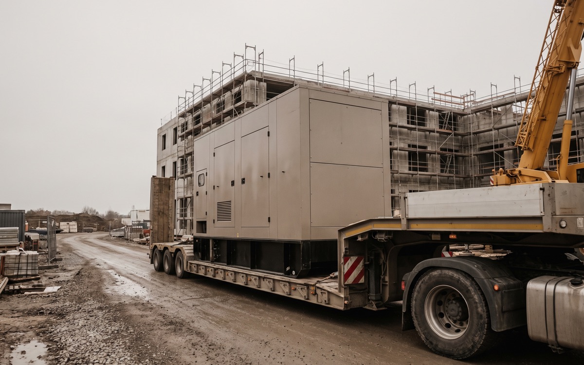Generador industrial encapsulado sobre cama baja, llegando a un sitio en obra